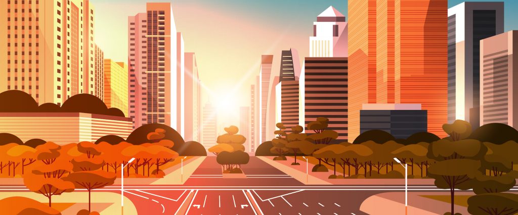 highway asphalt road with marking arrows traffic signs city skyline modern skyscrapers cityscape sunset background flat horizontal