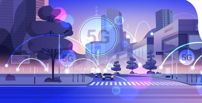 smart city 5G online communication network wireless systems connection concept fifth innovative generation of global high speed internet modern cityscape background flat horizontal copy space