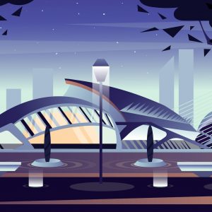 Night city of arts and Sciences in Valencia. Vector cartoon illustration