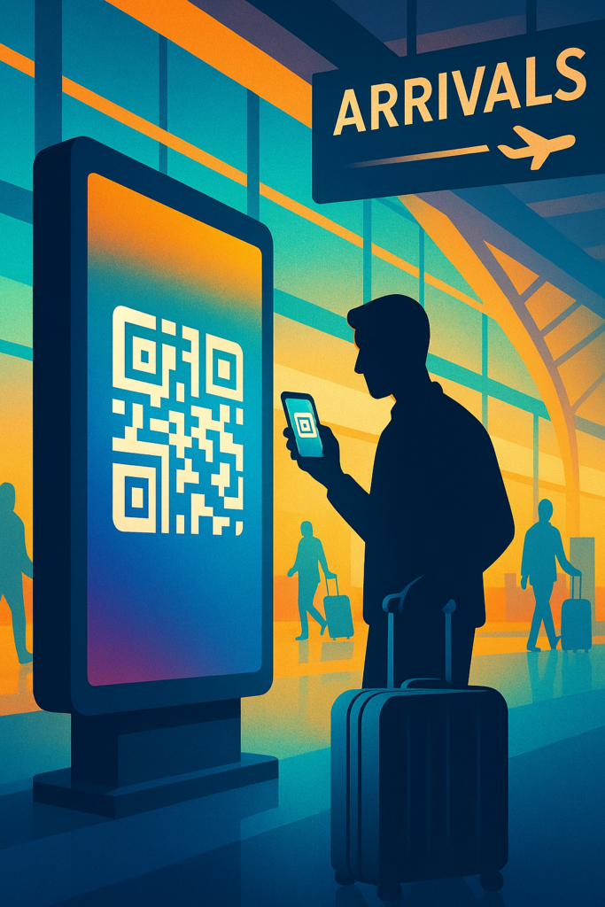 Ilustración abstracta de un viajero escaneando un código QR en la terminal de llegadas de un aeropuerto