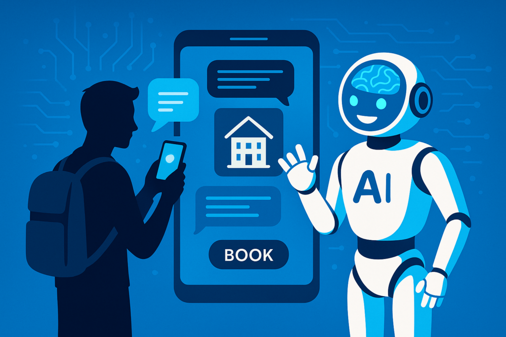 Ilustración conceptual de un asistente virtual de IA ayudando a un viajero a reservar alojamiento en su smartphone