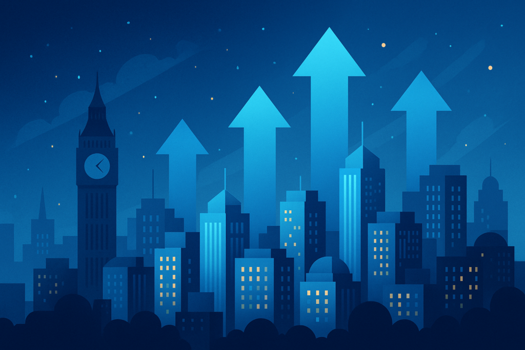 Ilustración conceptual de un skyline urbano del Reino Unido con flechas ascendentes que simbolizan el aumento de ingresos hoteleros