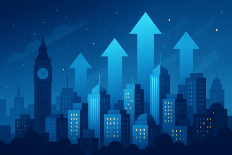 Ilustración conceptual de un skyline urbano del Reino Unido con flechas ascendentes que simbolizan el aumento de ingresos hoteleros